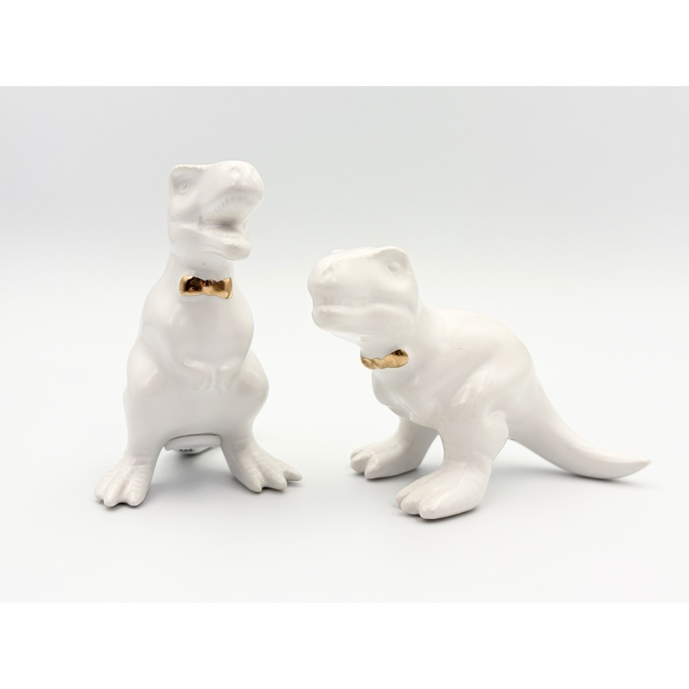 Target Threshold White Ceramic T-Rex Dinosaur Salt and Pepper Shakers Gold Bow